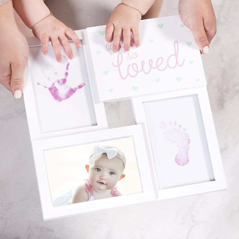 Tiny Ideas Baby Prints Collage Keepsake Frame With Included Ink Pad, Newborn Handprint And Footprint Nursery Decor, So Little So Loved, Pink/White - Image 3